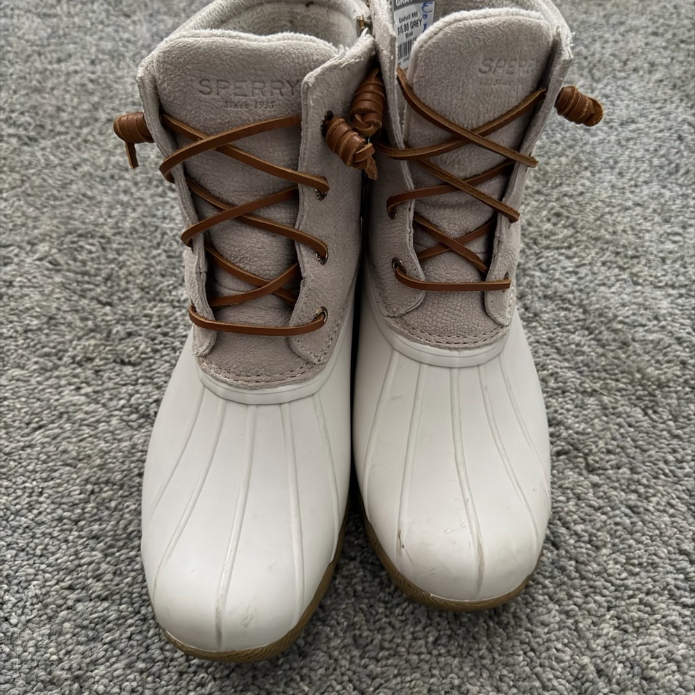 Sperry Two-Tone Duck Boots in Light Gray, White and Brown